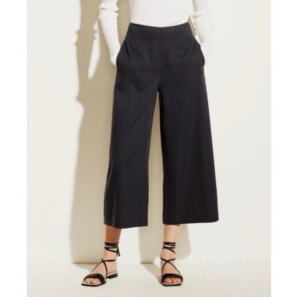 Vince Linen Blend Black Wide Leg Cropped Side Zip Pants Size 10